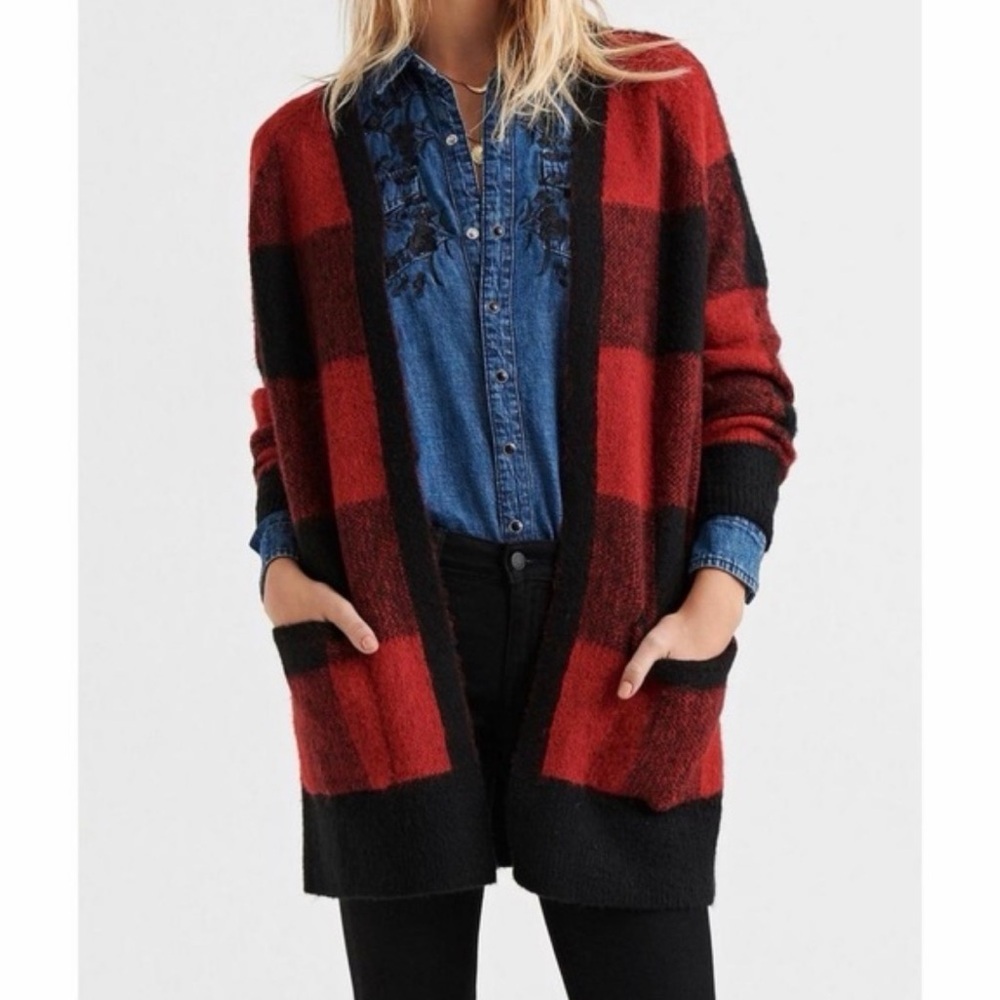 Lucky Brand Red & Black Plaid Open Front Sweater